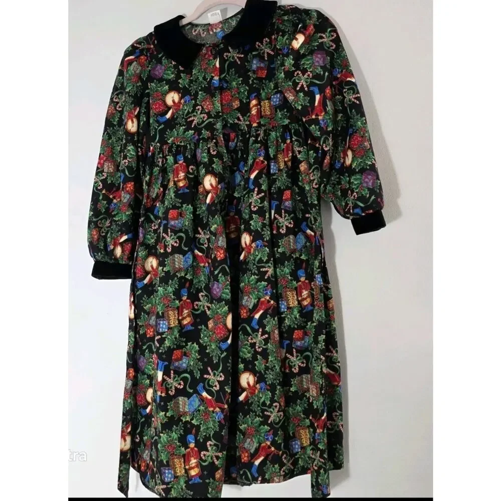 Therese Childs Christmas‎ Dress Sz 10 Xmas Design Y2k Velvet Collar Holiday